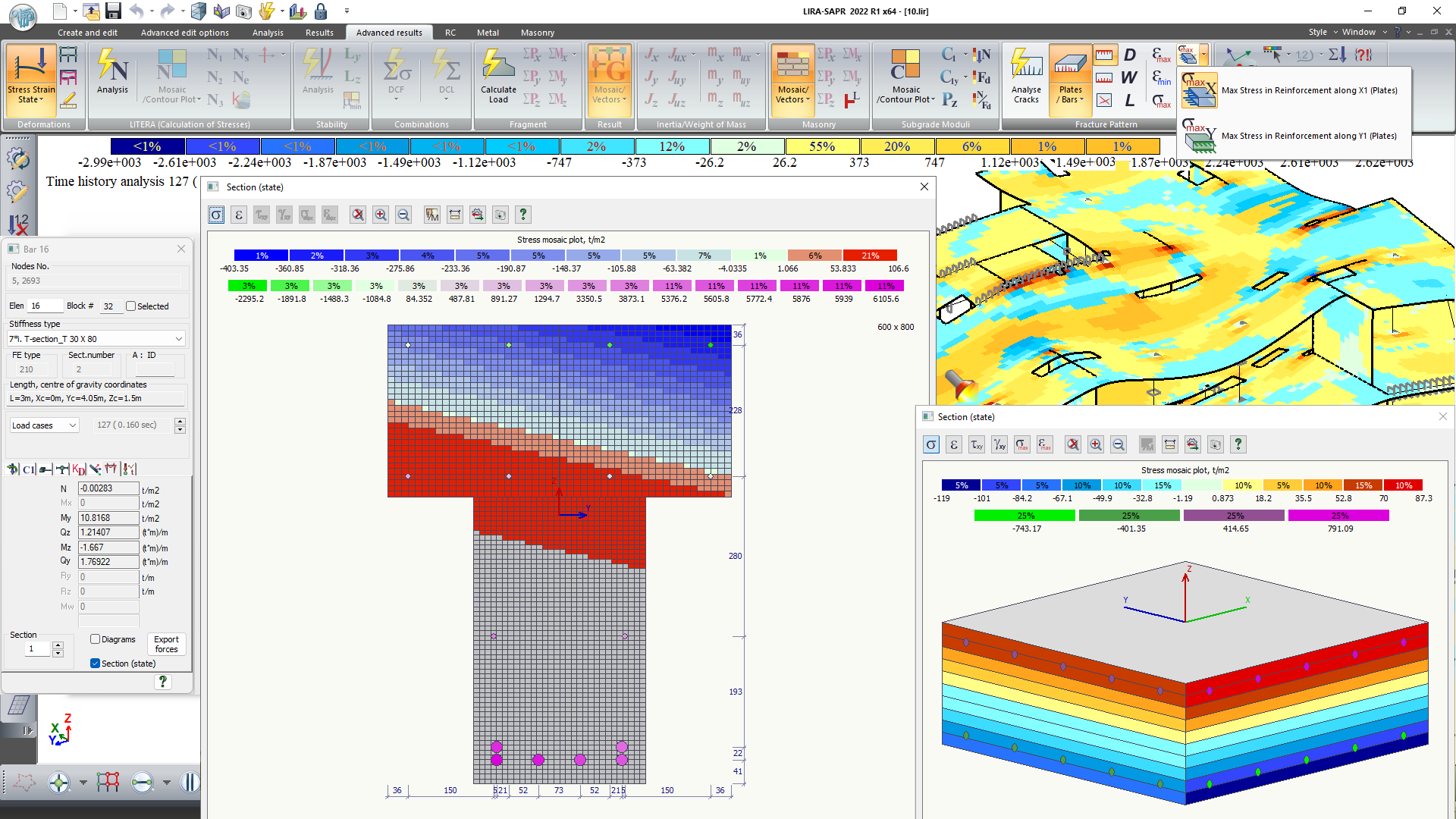 The Section (State) dialog box. Stress mosaic plot in the main material and reinforcement The Section (State) dialog box. Stress mosaic plot in the main material and reinforcement