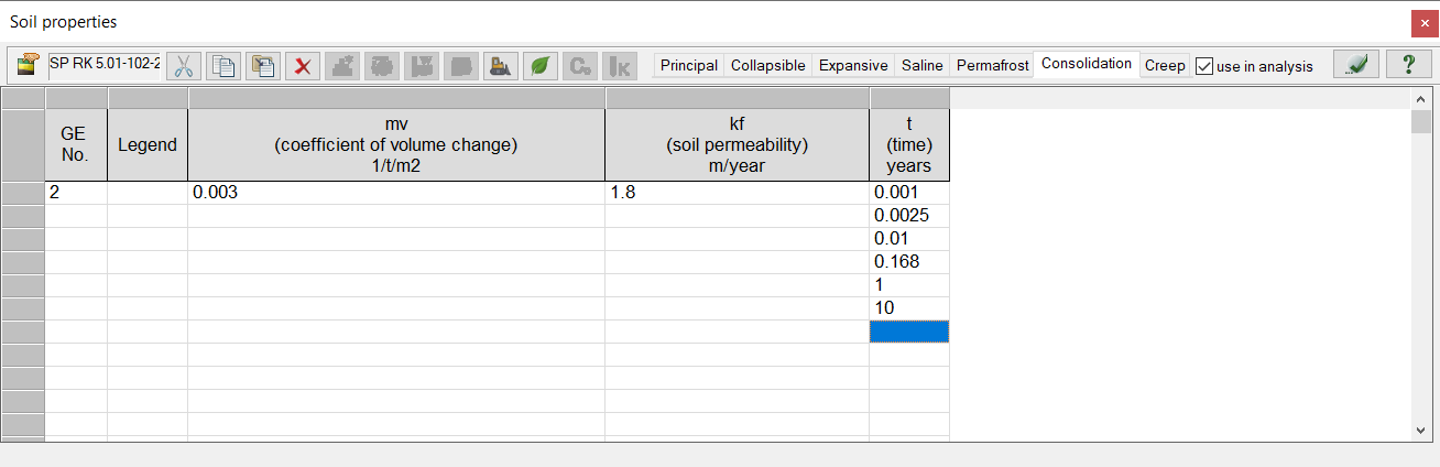 'Consolidation' tab in the 'Soil properties' dialog box 'Consolidation' tab in the 'Soil properties' dialog box