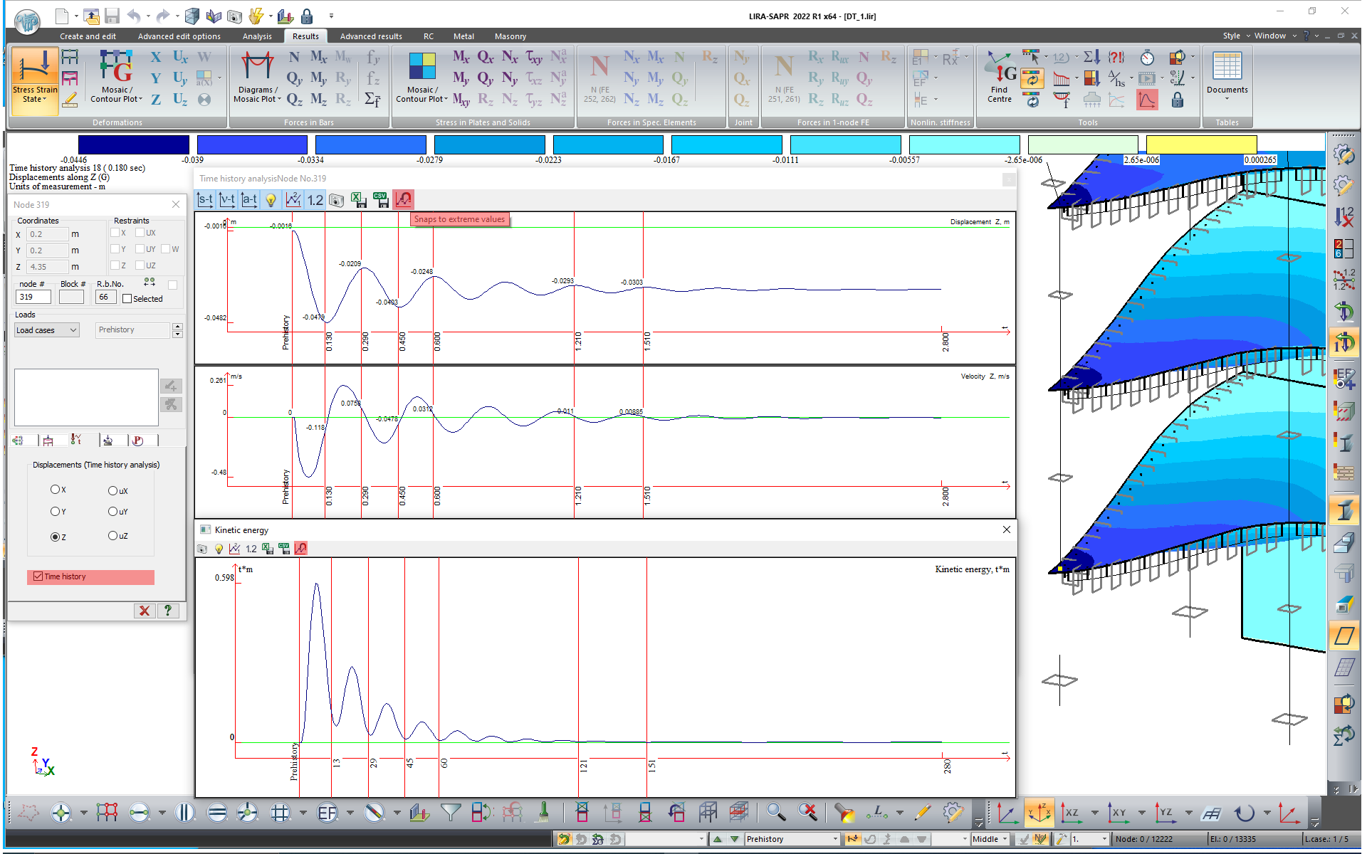 Graphs of time history for displacements, the Bring to extreme values command Graphs of time history for displacements, the Bring to extreme values command