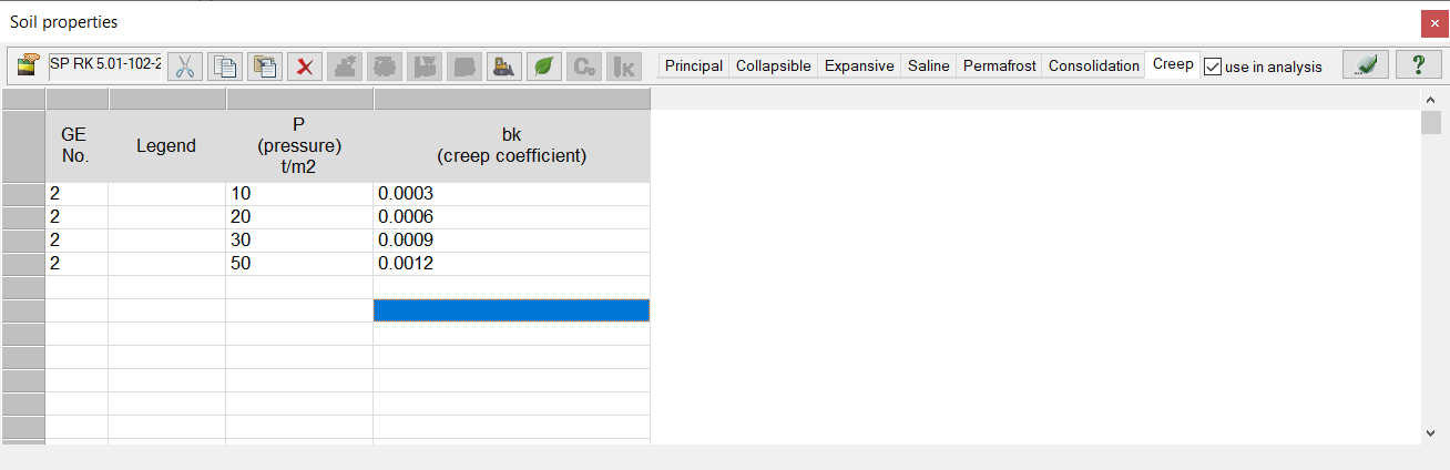 The 'Creep' tab in the 'Soil properties' dialog box The 'Creep' tab in the 'Soil properties' dialog box